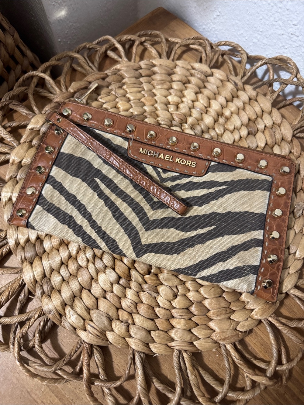 Michael Kors Zebra Animal Canvas Clutch Wristlet Wallet with Studded Trim